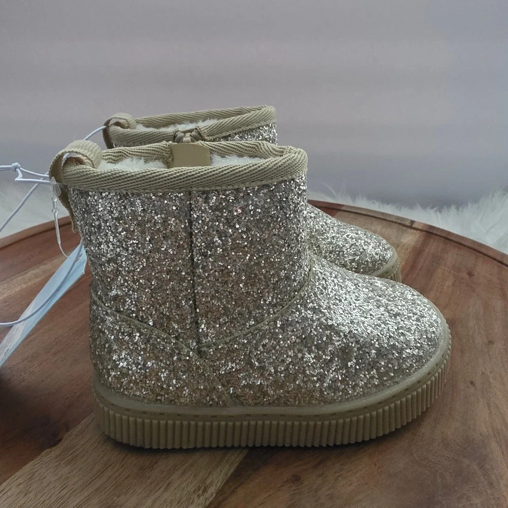 Cat & Jack Glitter Ankle Boots Toddler 5 Gold New Faux Fur Lined Zipper